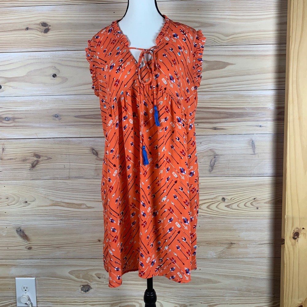 Uncle Frank Dress Women Medium Orange Arrow Print Boho Ruffle Western